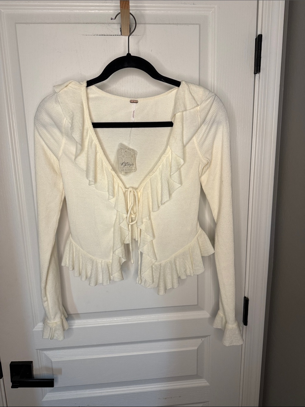 Free People Cream Ruffle Tie-Front Long Sleeve Top